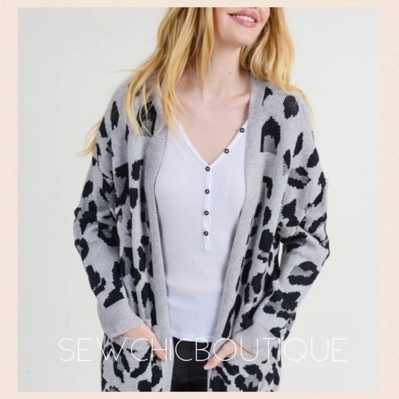 Gray Leopard Print Soft Knit Long Cardigan - Picture 2 of 7